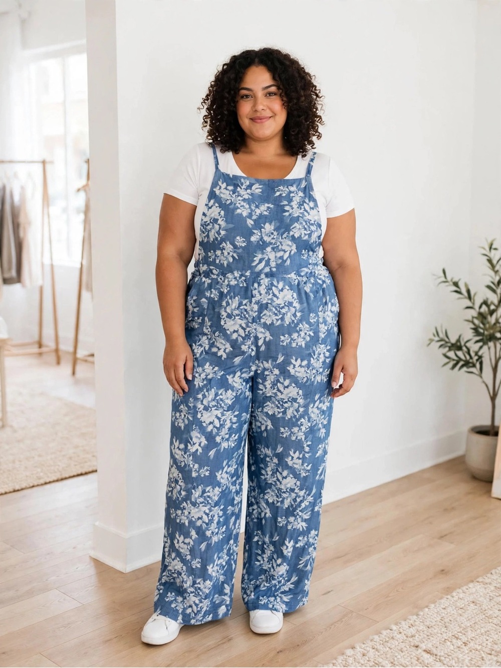Torrid Blue Floral Chambray Wide-Leg Overalls/Jumpsuit